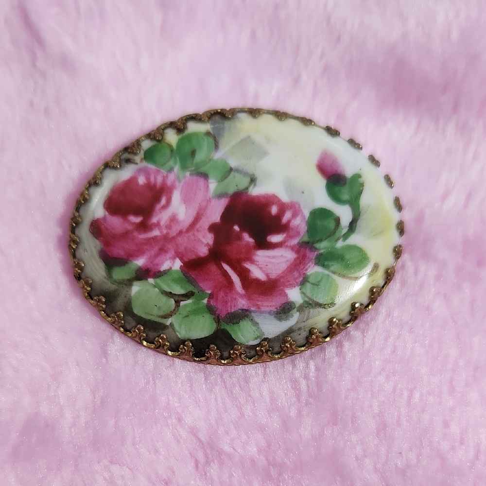 Handpainted Porcelain Vintage Floral Brooch with Pink Roses Brass Setting